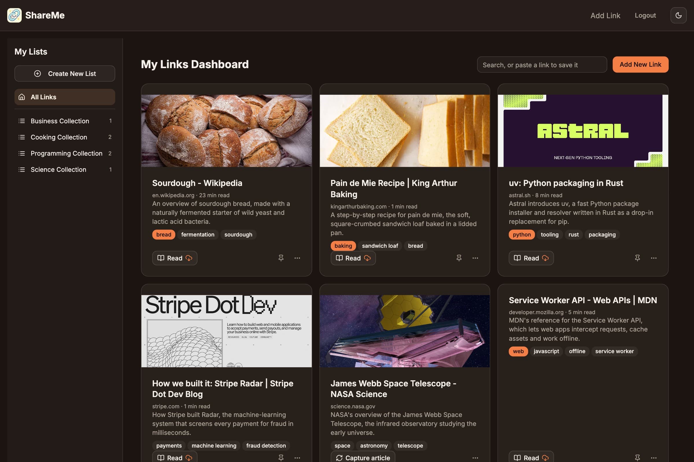 The ShareMe dashboard in dark mode