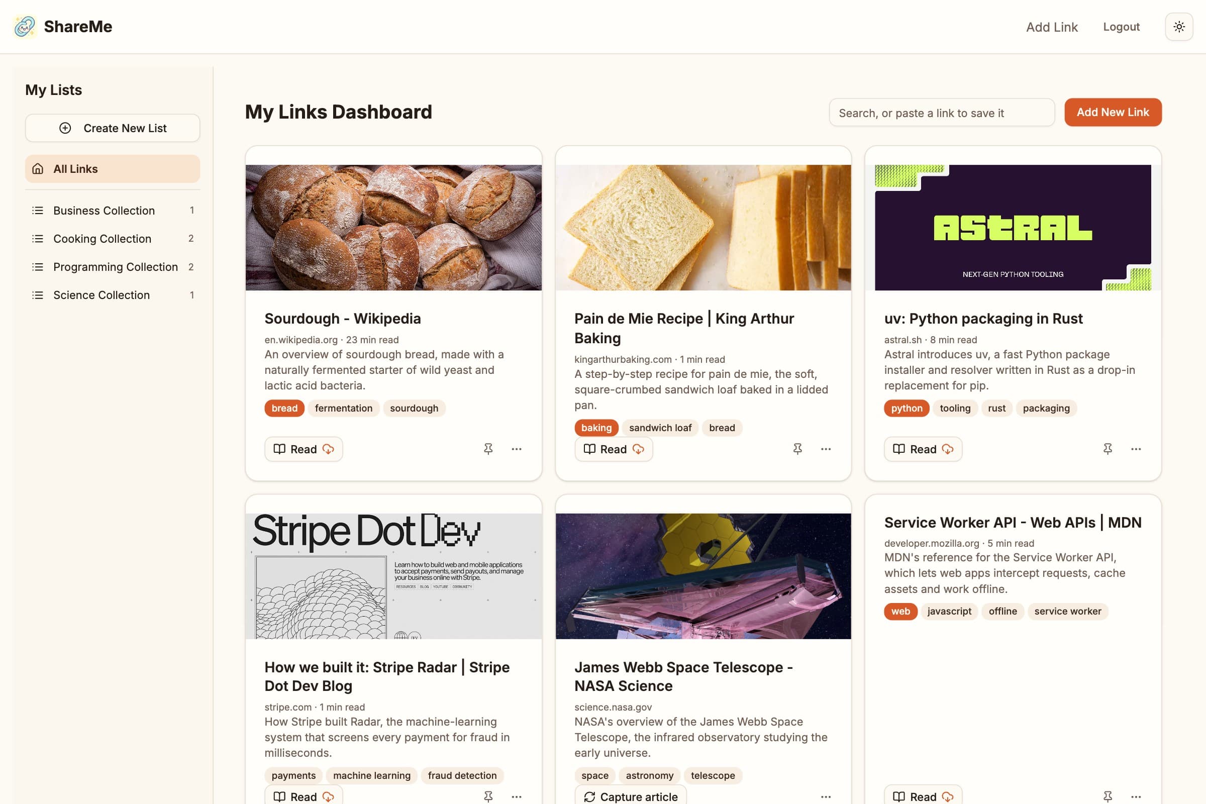 The ShareMe dashboard: saved links with AI tags and summaries, filed into collections
