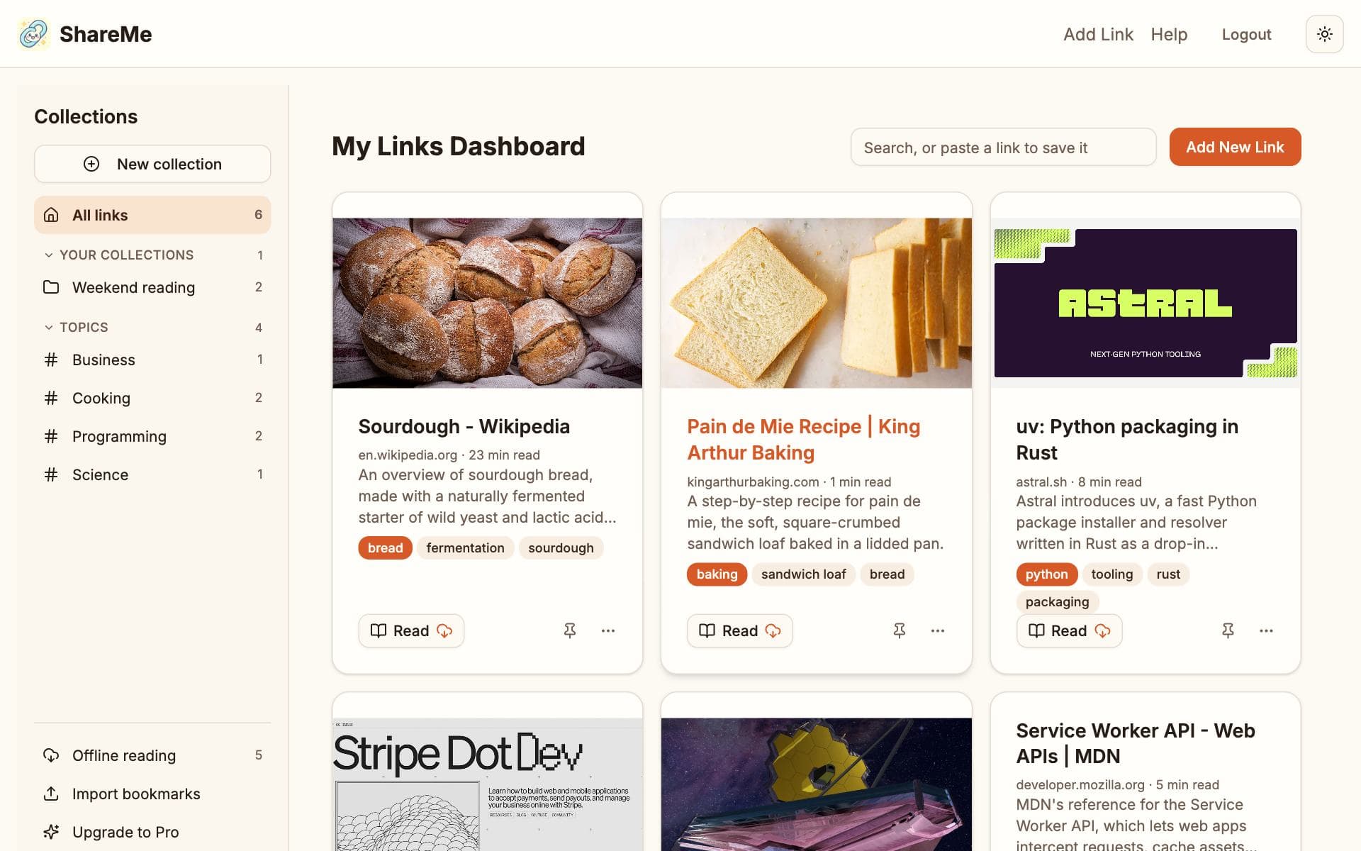 The ShareMe dashboard: cards with a picture, title, summary and tags, a search box at the top and the collections sidebar on the left