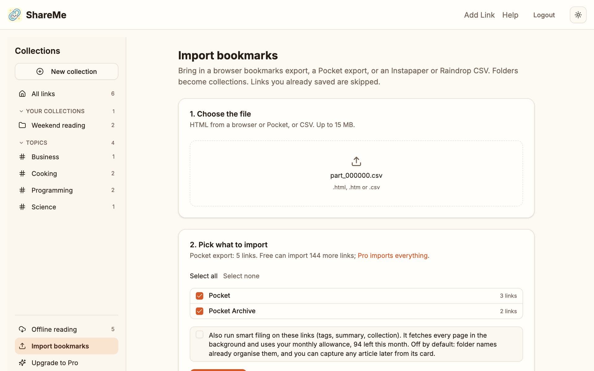 The import preview for a Pocket export: the folders Pocket and Pocket Archive with their counts, ready to import