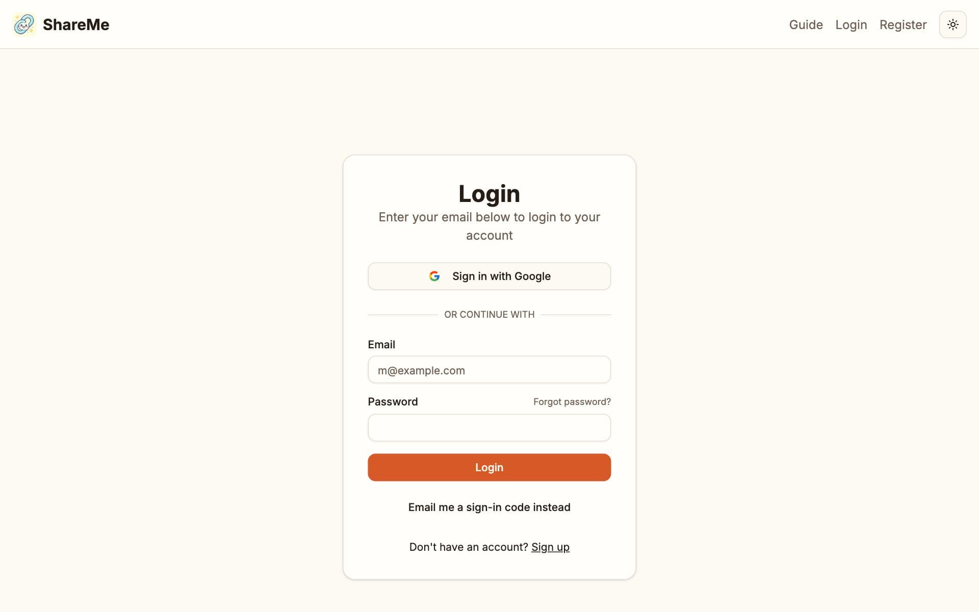 The login page with email and password fields, a Continue with Google button and an Email me a code option