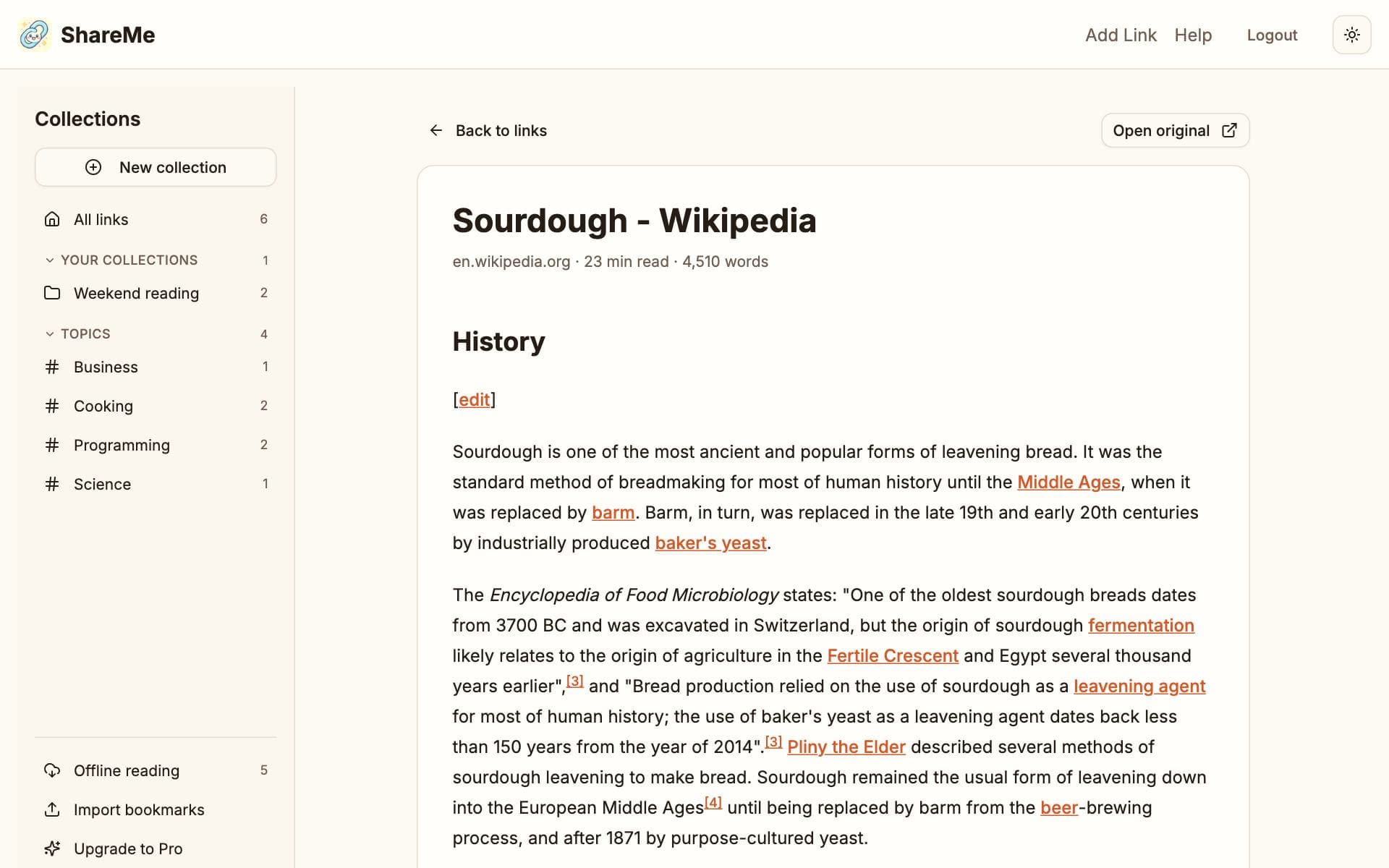 The reader view: an article's title, source and body text set in a comfortable column