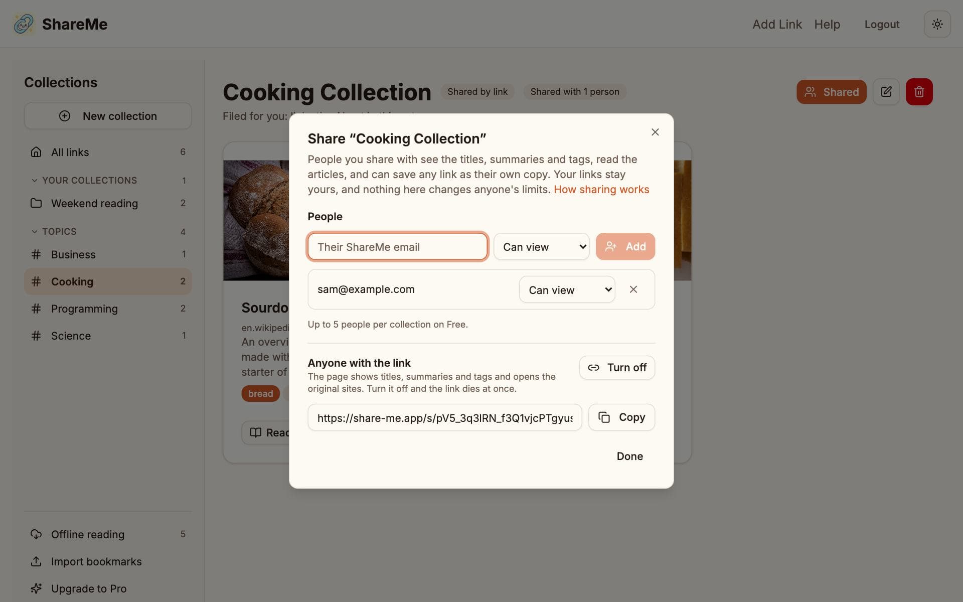 The Share dialog for a collection: a People section with an email box and one member listed as Can view, and an Anyone with the link section with the share address and a Copy button