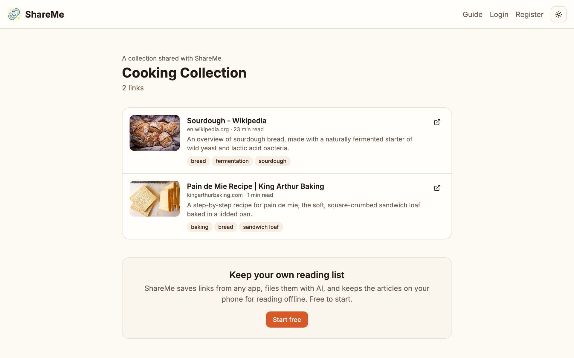 The public page of a shared collection: the collection name, a list of links with summaries and tags, and a Start free call to action