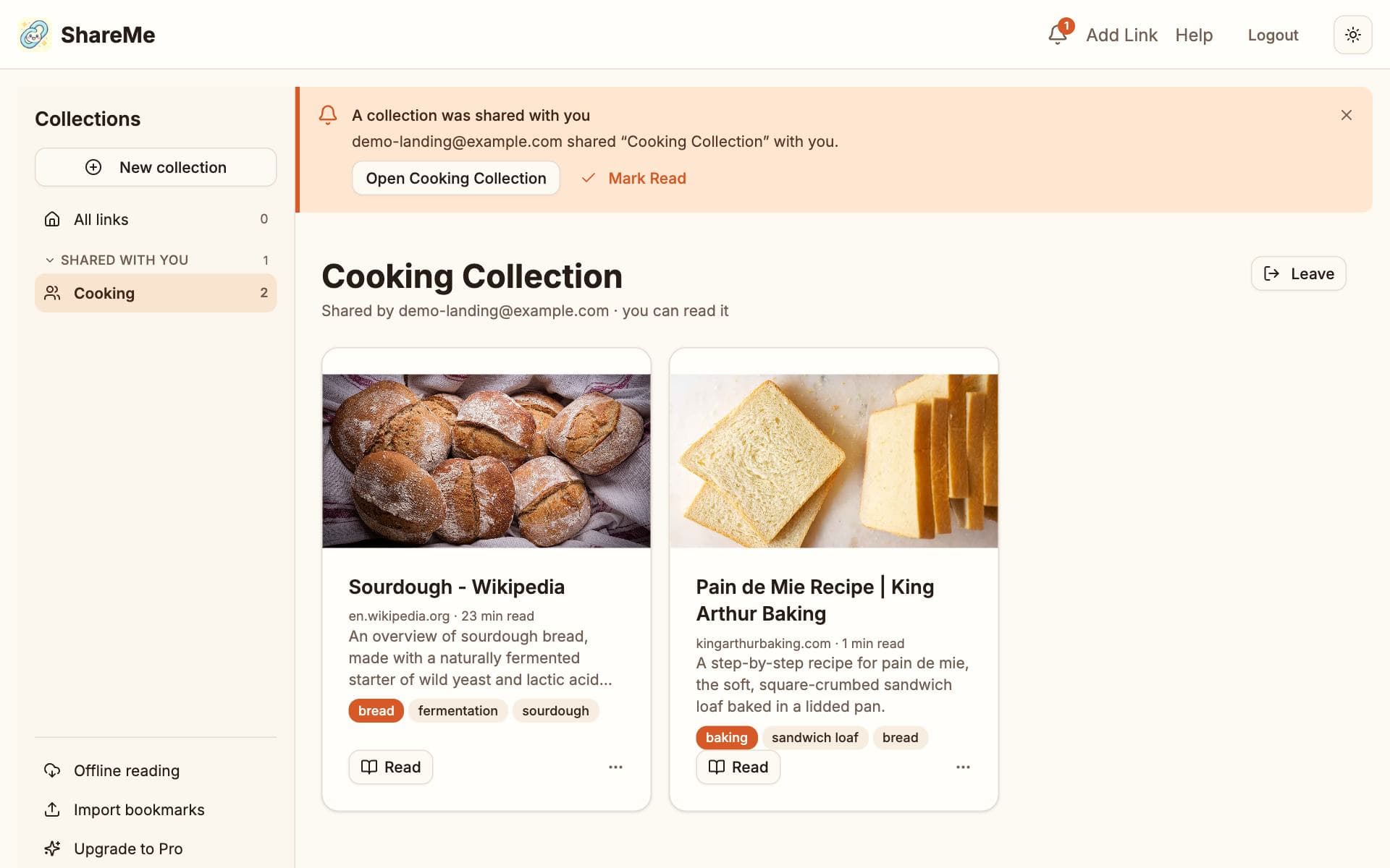 A collection as a member sees it: Shared by the owner's address, a Leave button, and the collection listed under Shared with you in the sidebar