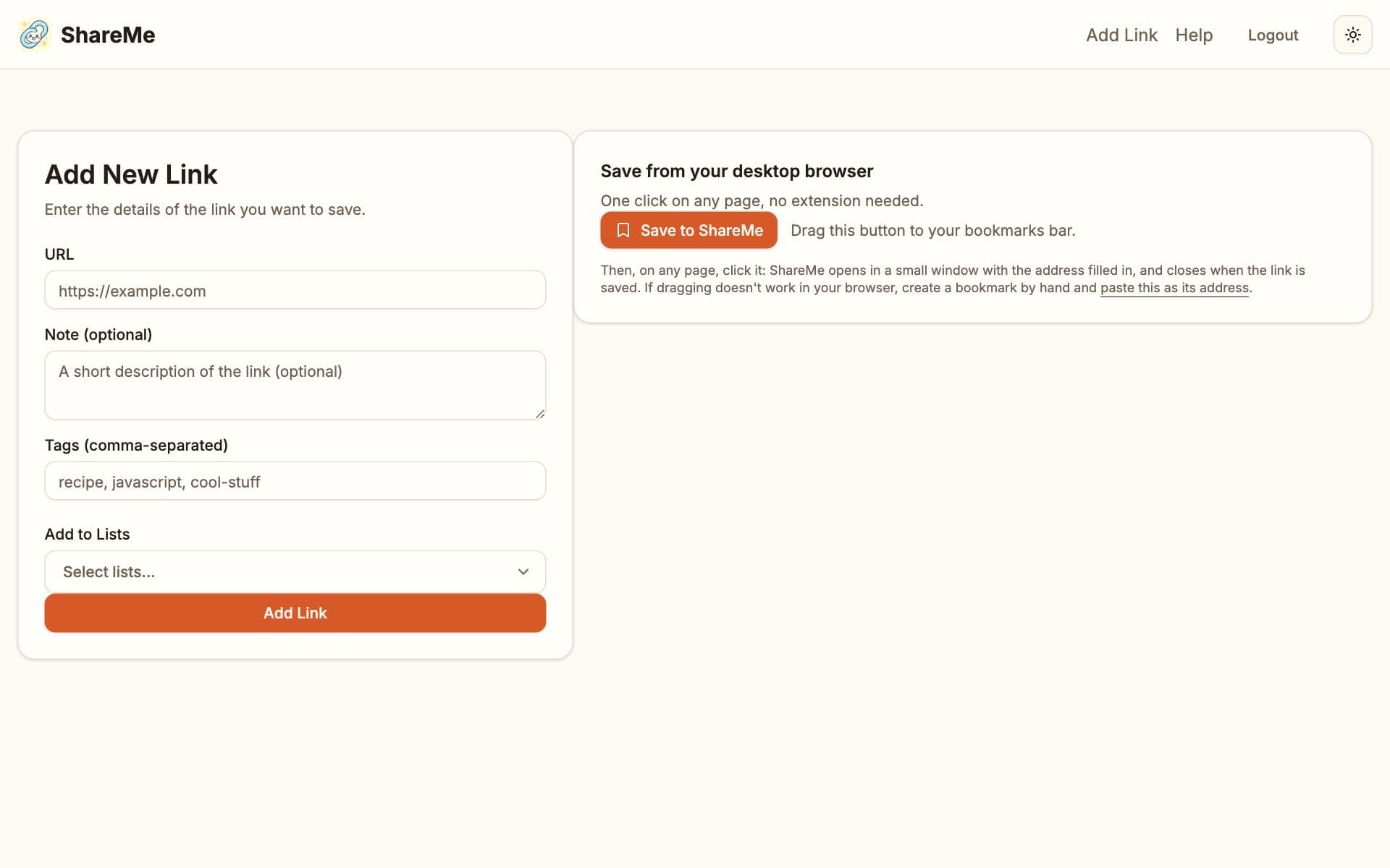 The Add link page with fields for the address, a note, tags and collections, and a panel offering the Save to ShareMe bookmarklet