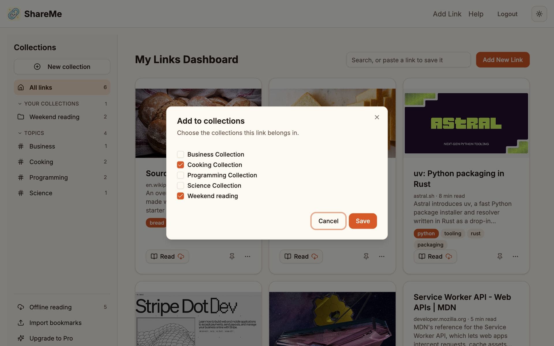 The Add to collections dialog with a checkbox next to each collection