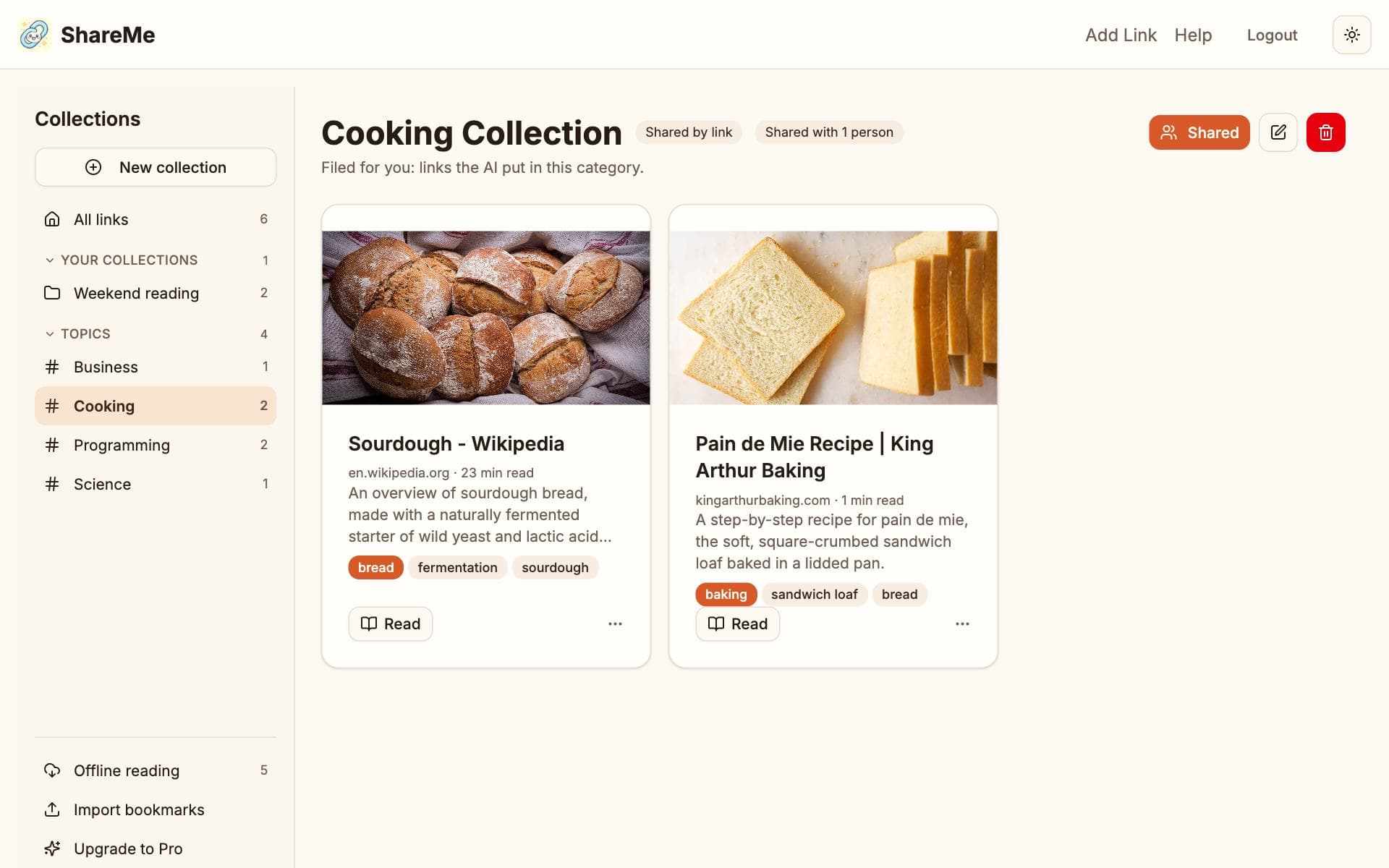 A collection page titled Cooking Collection with the note Filed for you, a Share button and two link cards