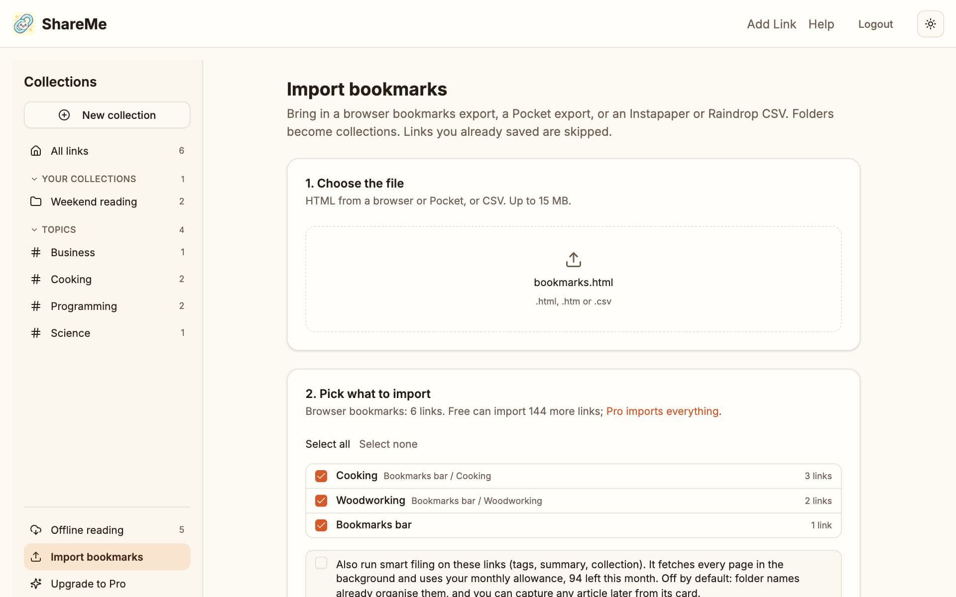 The import preview: folders from a bookmarks file with counts and checkboxes, ready to import