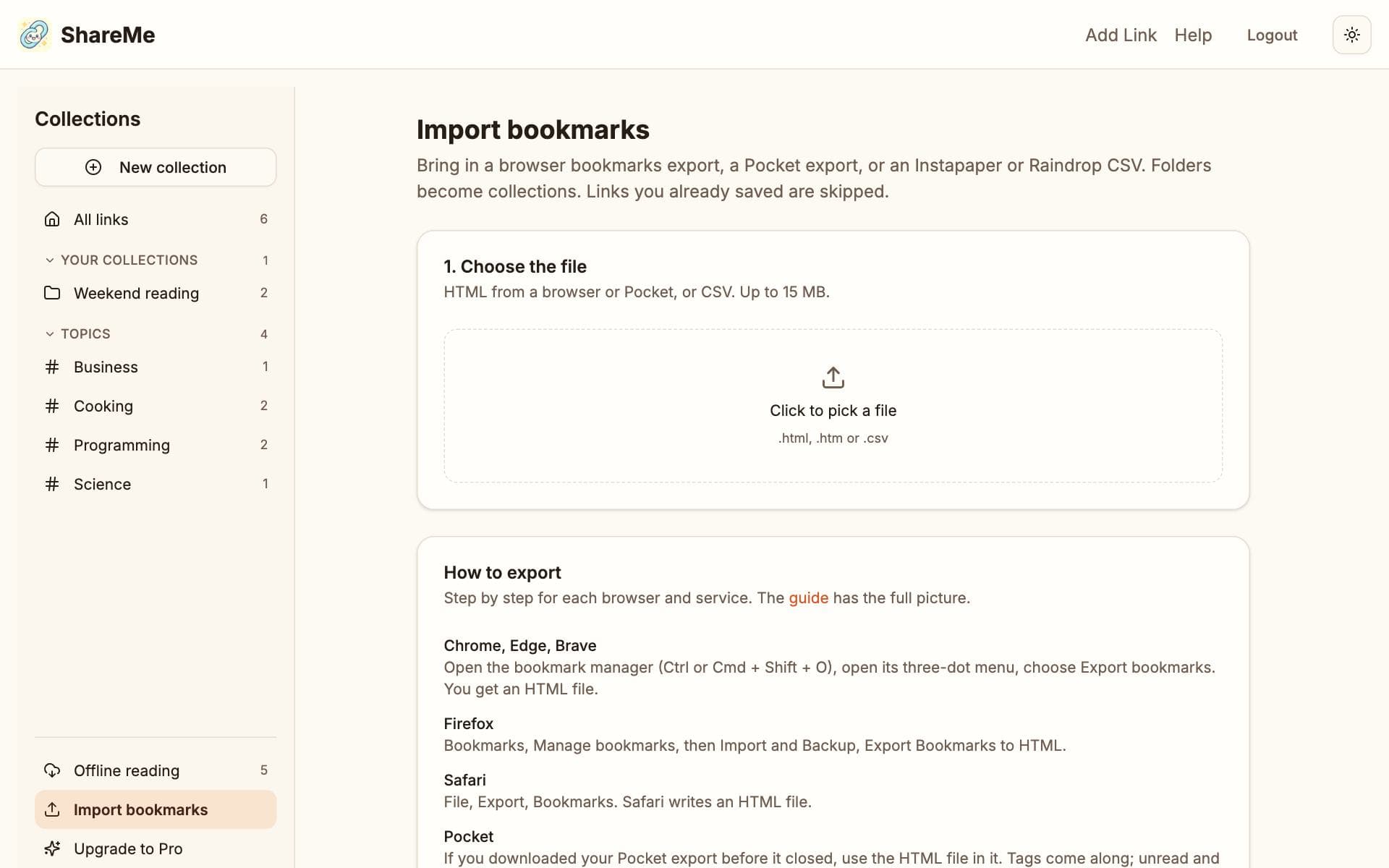 The Import bookmarks page with a file picker and the export steps for each browser and service