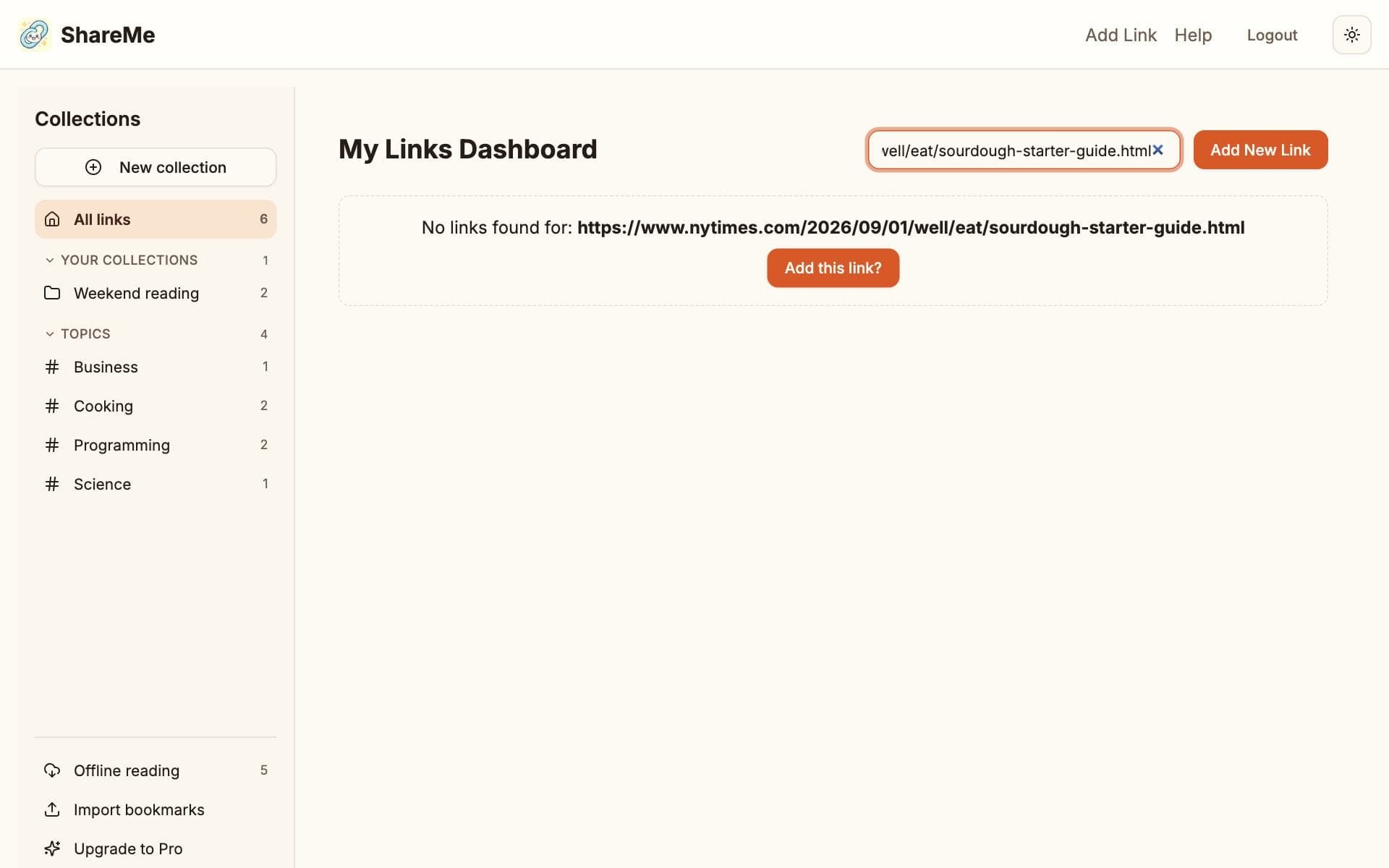 The dashboard search box holding a pasted web address, with an Add this link? button below it
