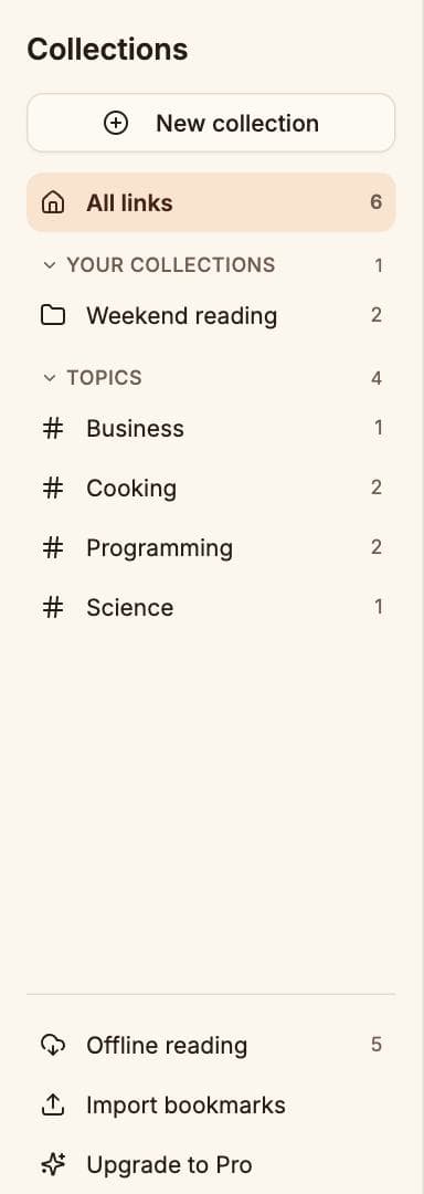 The sidebar with a Find a collection box, the groups Your collections, Topics and Sites, and counts next to every row